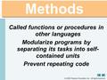  2005 Pearson Education, Inc. All rights reserved. 1 Methods Called functions or procedures in other languages Modularize programs by separating its tasks.