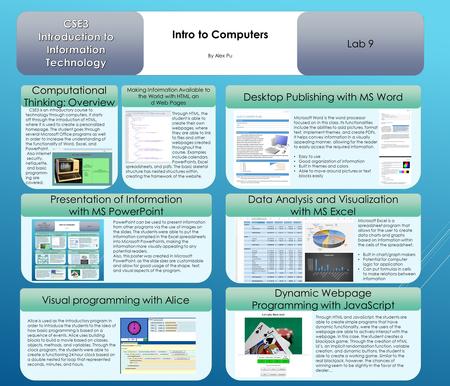 Intro to Computers By Alex Pu Computational Thinking: Overview Making Information Available to the World with HTML an d Web Pages Desktop Publishing with.