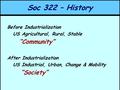 Soc 322 – History Before Industrialization US Agricultural, Rural, Stable “Community” After Industrialization US Industrial, Urban, Change & Mobility “Society”