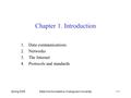 Spring 2005Data Communications, Kwangwoon University1-1 Chapter 1. Introduction 1.Data communications 2.Networks 3.The Internet 4.Protocols and standards.