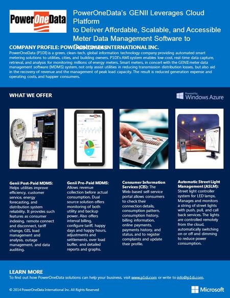 PowerOneData’s GENII Leverages Cloud Platform to Deliver Affordable, Scalable, and Accessible Meter Data Management Software to Customers COMPANY PROFILE: