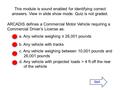 This module is sound enabled for identifying correct answers. View in slide show mode. Quiz is not graded. ARCADIS defines a Commercial Motor Vehicle.