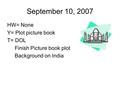 September 10, 2007 HW= None Y= Plot picture book T= DOL Finish Picture book plot Background on India.