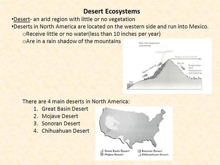 Desert Ecosystems Desert- an arid region with little or no vegetation Deserts in North America are located on the western side and run into Mexico. o Receive.