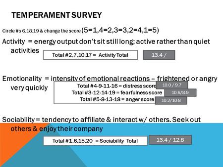 TEMPERAMENT SURVEY Circle #s 6,18,19 & change the score (5=1,4=2,3=3,2=4,1=5) Activity = energy output don’t sit still long; active rather than quiet activities.