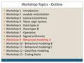 1 Workshop Topics - Outline Workshop 1 - Introduction Workshop 2 - module instantiation Workshop 3 - Lexical conventions Workshop 4 - Value Logic System.