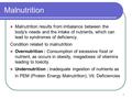 1 Malnutrition Malnutrition results from imbalance between the body's needs and the intake of nutrients, which can lead to syndromes of deficiency. Condition.