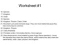 Worksheet #1 16. Species 17. Kingdom 18. Order 19. Species 20. Kingdom, Phylum, Class, Order 21. Mountain Lions and Domestic dogs. They are most related.