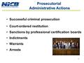 Prosecutorial Administrative Actions Successful criminal prosecution Court-ordered restitution Sanctions by professional certification boards Indictments.