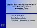 Vaccine-Derived Poliovirus Infections in an Amish Population Minnesota, 2005 Harry F. Hull, M.D. State Epidemiologist Minnesota Department of Health.