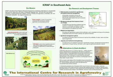 ICRAF in Southeast Asia ICRAF’s Southeast Asian Regional Research Programme is developing alternatives to unsustainable slash-and-burn agriculture and.