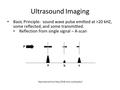 Ultrasound Imaging Basic Principle: sound wave pulse emitted at >20 kHZ, some reflected, and some transmitted. Reflection from single signal – A-scan Reproduced.