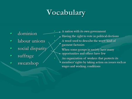 Vocabulary dominiondominion labour unionslabour unions social disparitysocial disparity suffragesuffrage sweatshopsweatshop A nation with its own governmentA.