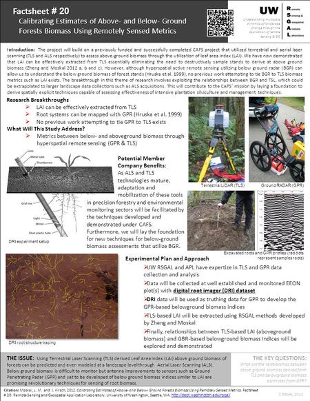 Citation: Moskal, L. M. and J. Kirsch, 2012. Calibrating Estimates of Above- and Below- Ground Forests Biomass Using Remotely Sensed Metrics. Factsheet.