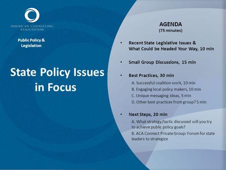 State Policy Issues in Focus AGENDA (75 minutes) Recent State Legislative Issues & What Could be Headed Your Way, 10 min Small Group Discussions, 15 min.