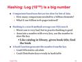 CompSci 100e 6.1 Hashing: Log (10 100 ) is a big number l Comparison based searches are too slow for lots of data  How many comparisons needed for a.