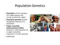 Population Genetics Population-all the members of a single species that occupy a particular region Population genetics-studies the genetic diversity of.