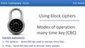 Dan Boneh Using block ciphers Modes of operation: many time key (CBC) Online Cryptography Course Dan Boneh Example applications: 1. File systems: Same.
