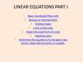 LINEAR EQUATIONS PART I 1.Basic Coordinate Plane InfoBasic Coordinate Plane Info 2.Review on Plotting PointsReview on Plotting Points 3.Finding SlopesFinding.