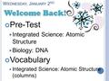 W EDNESDAY, J ANUARY 2 ND Pre-Test Integrated Science: Atomic Structure Biology: DNA Vocabulary Integrated Science: Atomic Structure (columns) Biology: