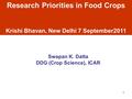 1 Research Priorities in Food Crops Krishi Bhavan, New Delhi 7 September2011 Swapan K. Datta DDG (Crop Science), ICAR.