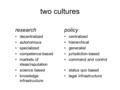 Two cultures policy centralized hierarchical generalist jurisdiction-based command and control status quo based legal infrastructure research decentralized.