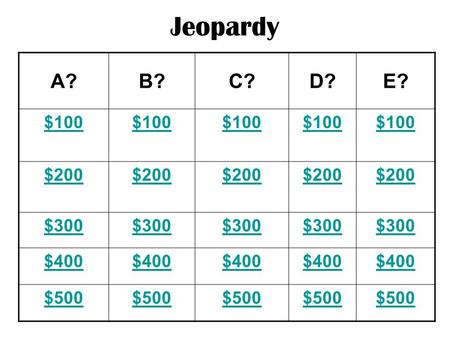 Jeopardy A?B?C?D?E? $100 $200 $300 $400 $500 ANSWER The study of Earth and the ways people use it.