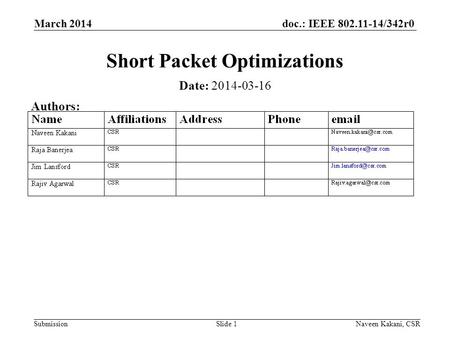 Doc.: IEEE 802.11-14/342r0 Submission March 2014 Naveen Kakani, CSRSlide 1 Short Packet Optimizations Date: 2014-03-16 Authors: