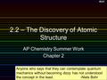 Back ©Bires, 2002 Slide 1 2.2 – The Discovery of Atomic Structure AP Chemistry Summer Work Chapter 2 Anyone who says that they can contemplate quantum.