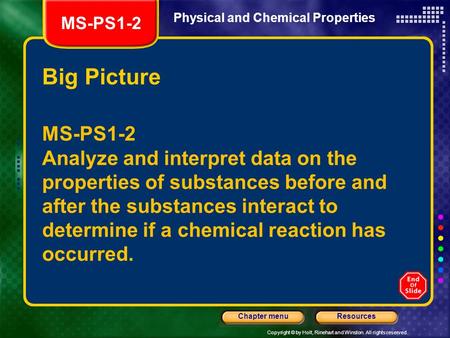 Copyright © by Holt, Rinehart and Winston. All rights reserved. ResourcesChapter menu Physical and Chemical Properties Big Picture MS-PS1-2 Analyze and.