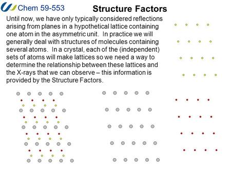 Chem 59-553 Structure Factors Until now, we have only typically considered reflections arising from planes in a hypothetical lattice containing one atom.