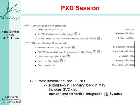 SuperKEKB 2nd open meeting March 17-19, 2009 Hans-Günther Moser MPI für Physik PXD Session SOI: more information: see TIPP09 -> submission in February,