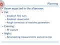 Beam expected in the afternoon PM: – Establish first-turn – Establish closed orbit – Rough correction of machine parameters Evening: – RF capture Night: