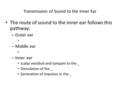 Transmission of Sound to the Inner Ear The route of sound to the inner ear follows this pathway: – Outer ear – Middle ear – Inner ear scalas vestibuli.