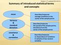 Summary of introduced statistical terms and concepts mean Variance & standard deviation covariance & correlation Describes/measures average conditions.