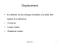 9AEI306.111 It is defined as the change of position of a body with respect to a reference It may be Linear motion Rotational motion Displacement.