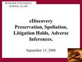 EDiscovery Preservation, Spoliation, Litigation Holds, Adverse Inferences. September 15, 2008.