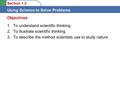 Section 1.2 Using Science to Solve Problems 1.To understand scientific thinking 2.To illustrate scientific thinking 3.To describe the method scientists.