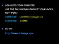 LOG ONTO YOUR COMPUTER USE THE FOLLOWING LOGON IF YOURS DOES NOT WORK: USERNAME: PASSWORD: 123456 GO TO: