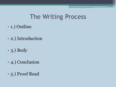 The Writing Process 1.) Outline 2.) Introduction 3.) Body 4.) Conclusion 5.) Proof Read.