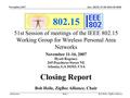 Doc.: IEEE 15-08-0010-00-0000 Submission November 2007 Bob Heile, ZigBee AllianceSlide 1 802.15 51st Session of meetings of the IEEE 802.15 Working Group.