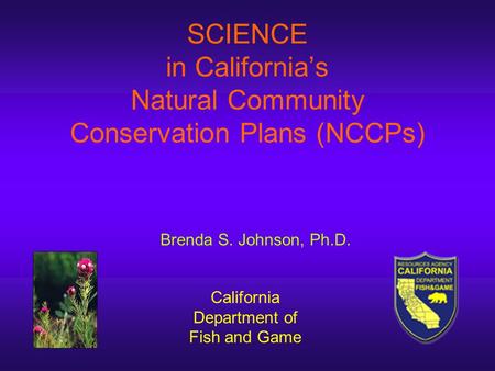 SCIENCE in California’s Natural Community Conservation Plans (NCCPs) California Department of Fish and Game Brenda S. Johnson, Ph.D.