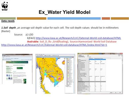 Ex_Water Yield Model Data needs 1.Soil depth,an average soil depth value for each cell. The soil depth values should be in millimeters (Raster) Source: