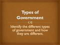 Identify the different types of government and how they are different.