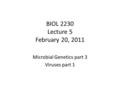 BIOL 2230 Lecture 5 February 20, 2011 Microbial Genetics part 3 Viruses part 1.