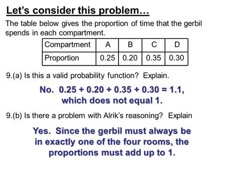 Let’s consider this problem… The table below gives the proportion of time that the gerbil spends in each compartment. Compartment Proportion A 0.25 B 0.20.