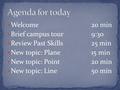 Welcome20 min Brief campus tour9:30 Review Past Skills25 min New topic: Plane15 min New topic: Point20 min New topic: Line50 min.