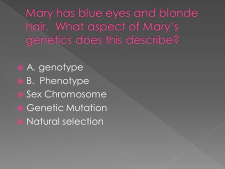  A. genotype  B. Phenotype  Sex Chromosome  Genetic Mutation  Natural selection.