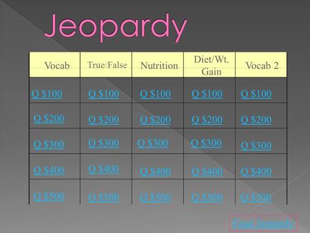 Q $100 Q $200 Q $300 Q $400 Q $500 Q $100 Q $200 Q $300 Q $400 Q $500 Final Jeopardy Vocab True/False Nutrition Diet/Wt. Gain Vocab 2.