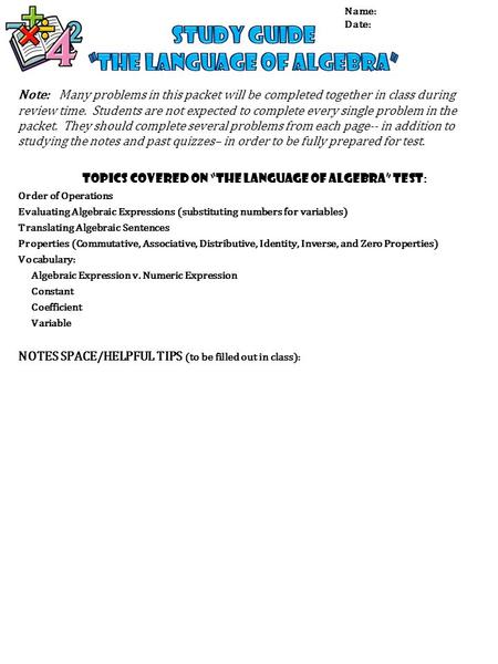 Note: Many problems in this packet will be completed together in class during review time. Students are not expected to complete every single problem in.